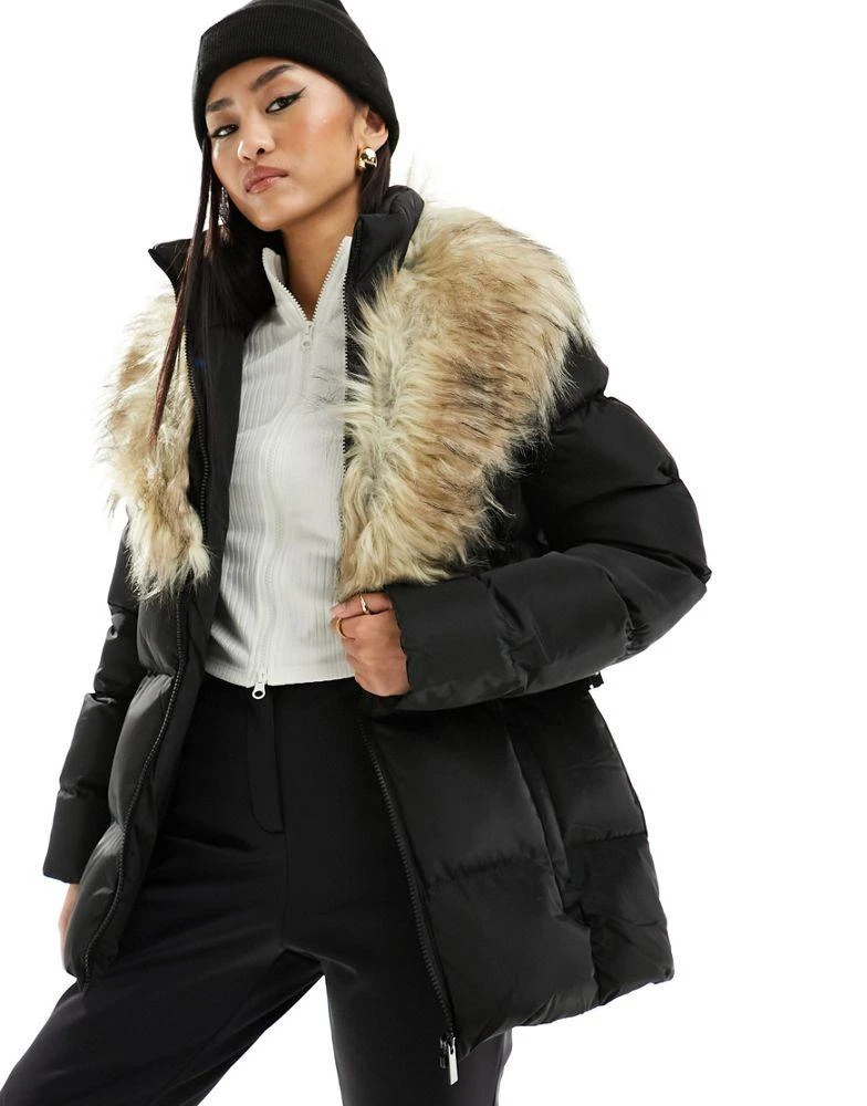 Threadbare Threadbare Ski belted puffer coat with faux fur collar in black 3