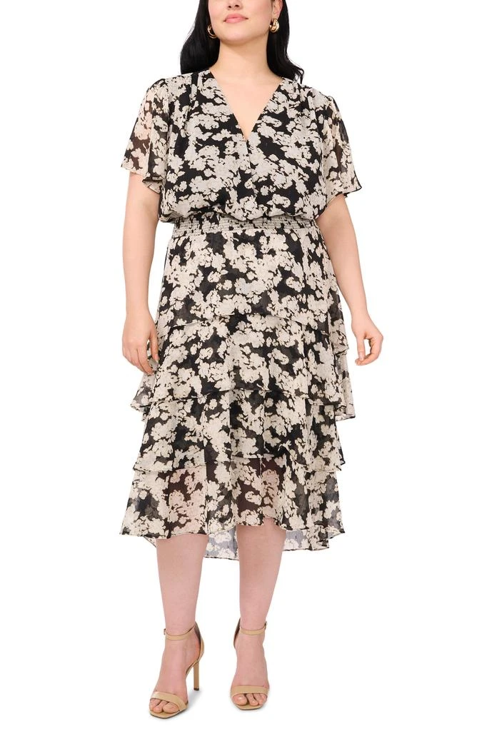 Vince Camuto Floral Tiered Flutter Sleeve Midi Dress