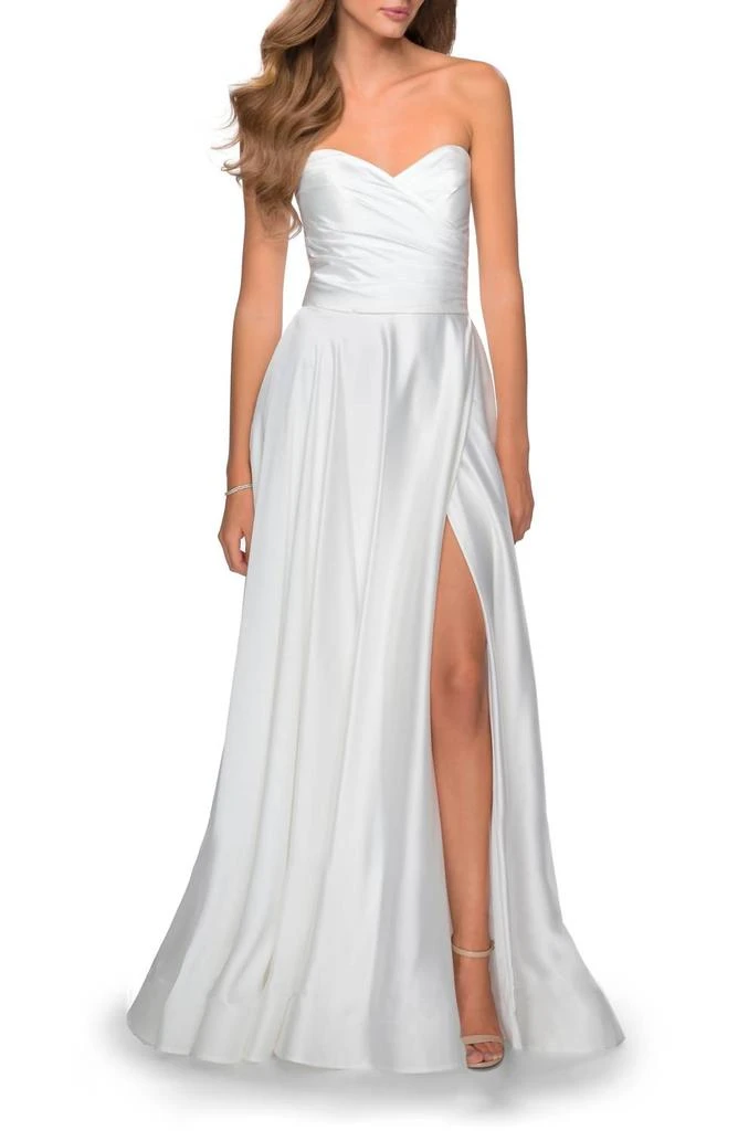 La Femme Strapless Satin Gown In White