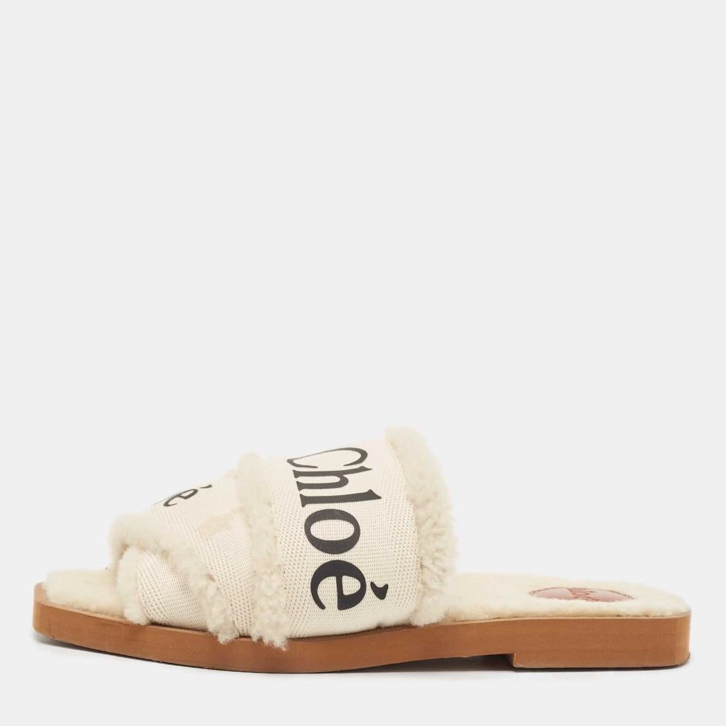 Chloé Chloe White Canvas and Shearling Woody Flat Sandals Size 37 1