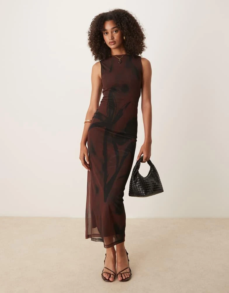 ASOS ASOS DESIGN sleeveless mesh midi dress in chocolate print - BROWN 2