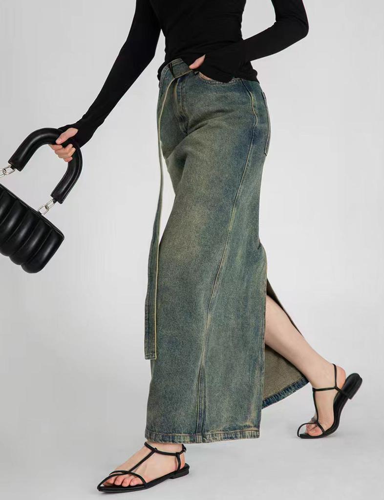 Pixie Market Dirty Denim Belted Maxi Skirt