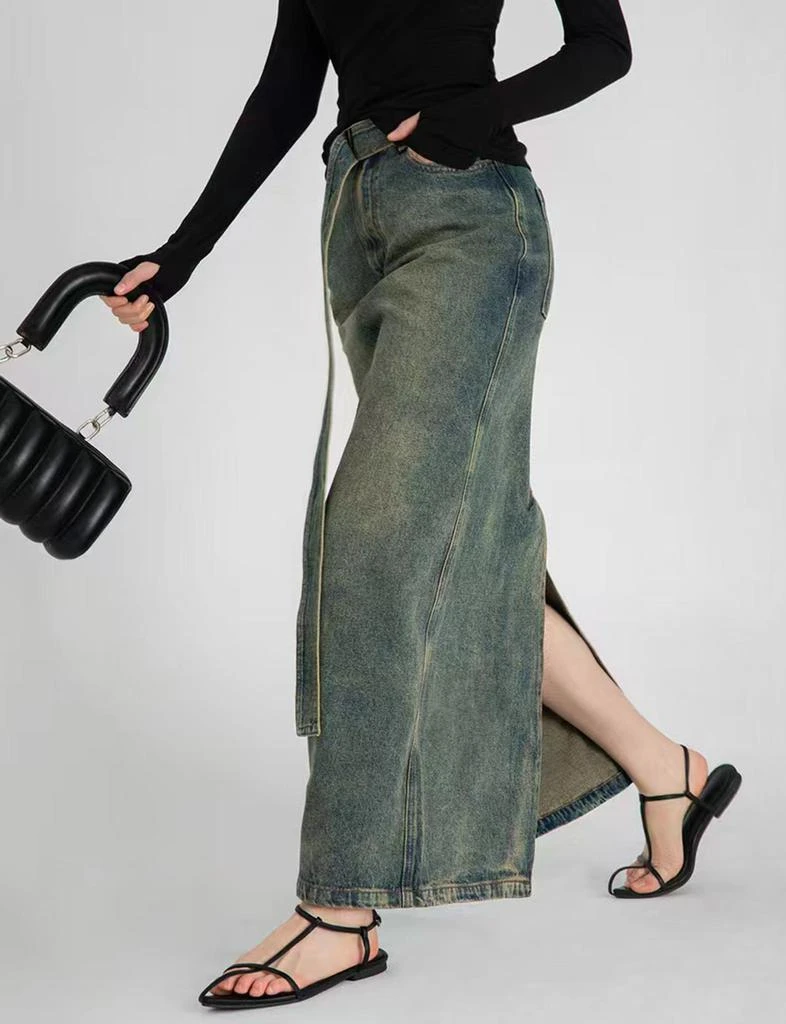 Pixie Market Dirty Denim Belted Maxi Skirt 1