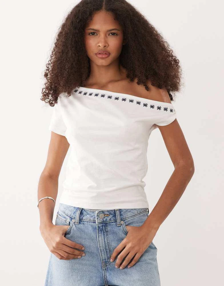 Mango Mango Teen one shoulder top with embroidery in white