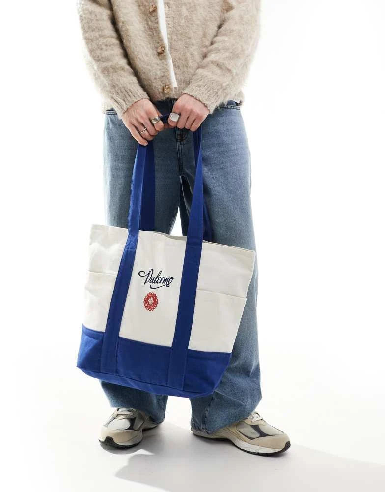 ASOS ASOS DESIGN canvas tote bag with graphic in white and blue 3