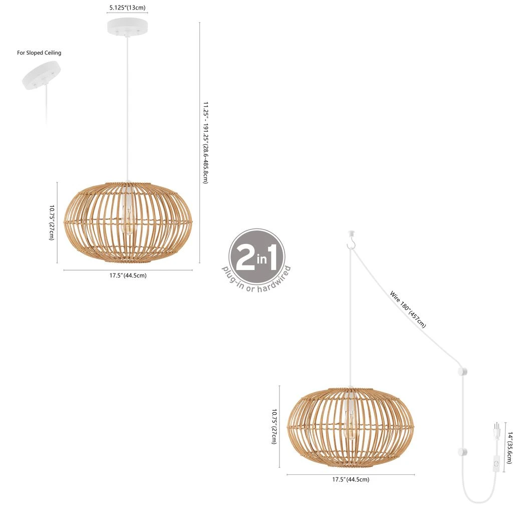 JONATHAN Y Leo 17.5" 1-Light Farmhouse Coastal Rattan 180" Cord Plug-In or Hardwired LED Pendant 5