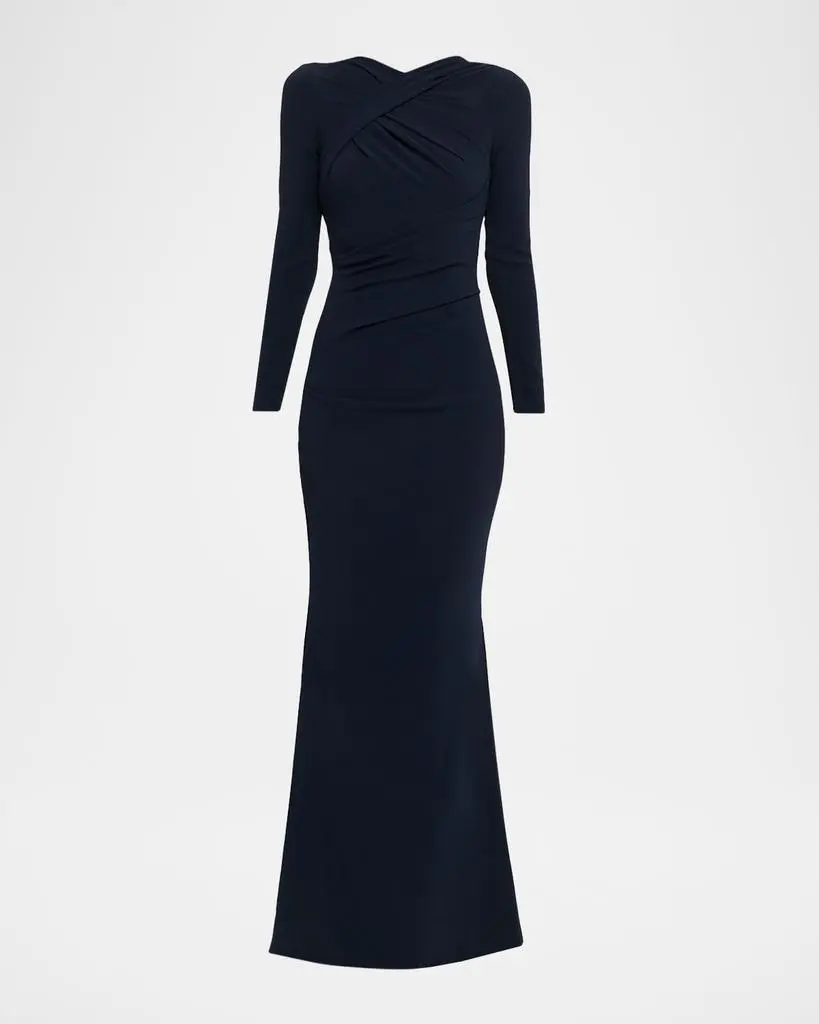 Talbot Runhof Cadet Draped Long-Sleeve Trumpet Gown - NAVY - 36 de (6 US)