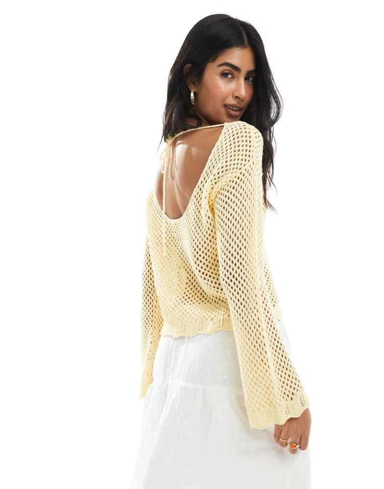 Miss Selfridge Miss Selfridge crochet heart tie back jumper in butter yellow 4