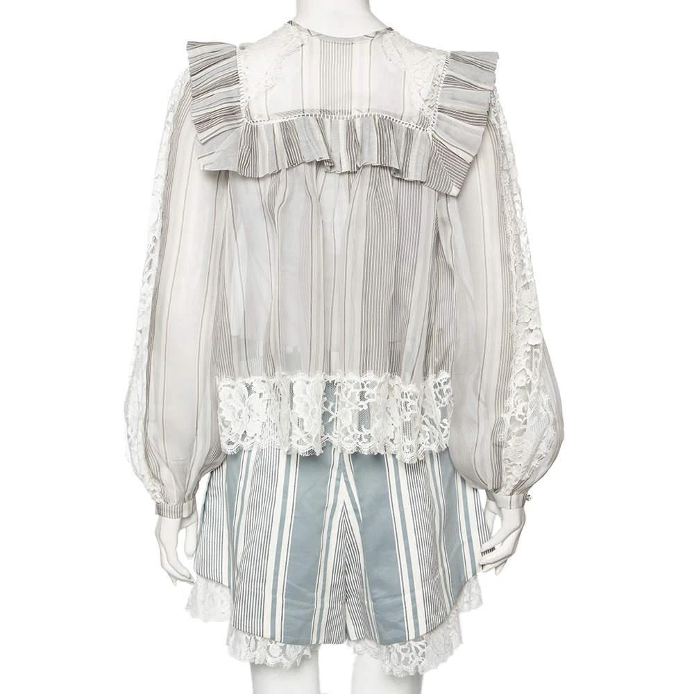 Zimmermann Zimmermann Grey/Blue Striped Cotton Havoc Lace Trimmed Shirt And Shorts Set S 3