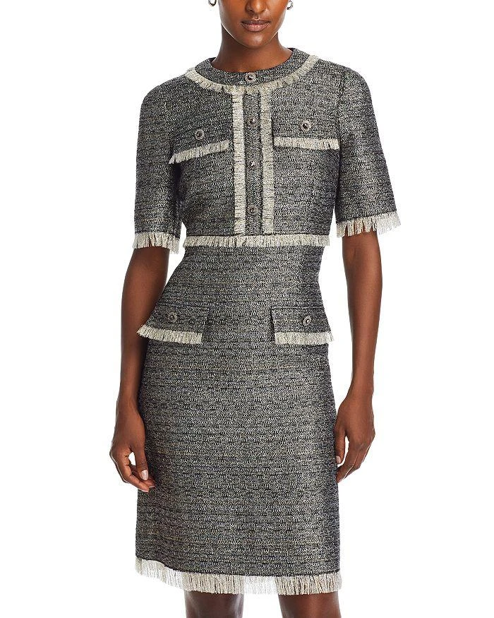 Teri Jon Metallic Tweed Fringe Trim Dress 1