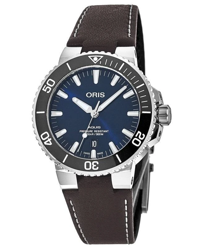Oris Aquis Date Automatic 39mm Blue Dial Leather Strap Men's Watch 01 733 7732 4135-07 5 21 10FC