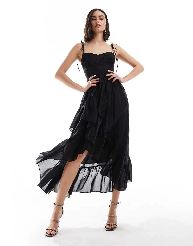& Other Stories & Other Stories midaxi dress with spaghetti  straps and  asymmetric ruffle hem in black 1
