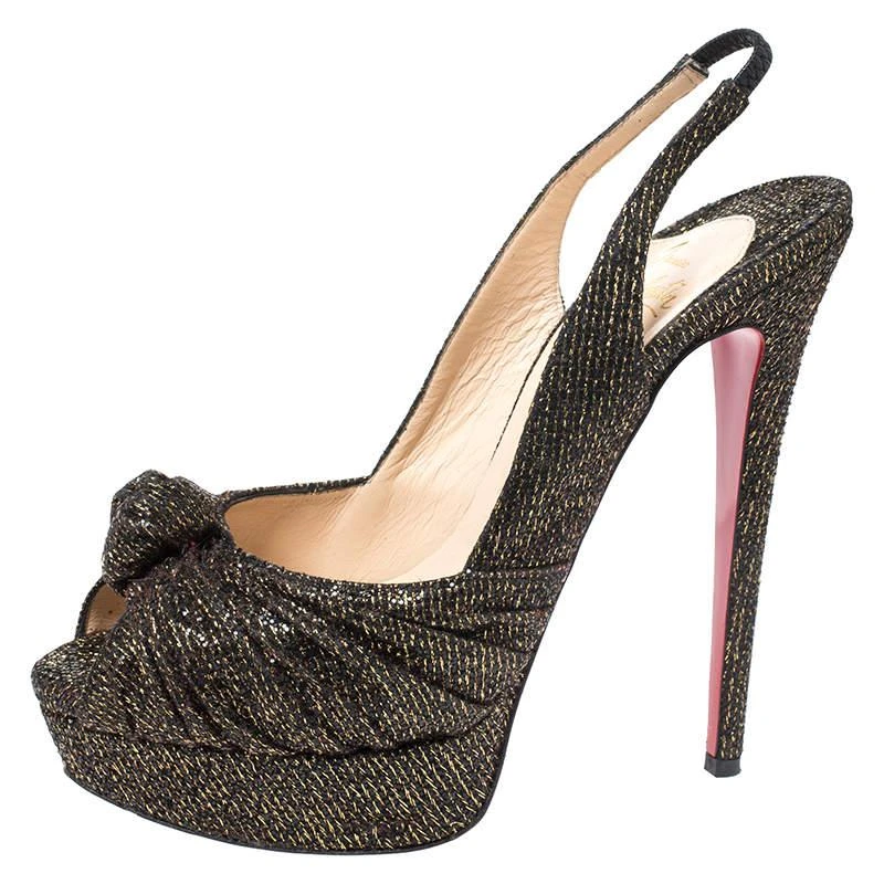 Christian Louboutin Christian Louboutin Black/Gold Glitter Fabric Jenny Knotted Slingback Pumps Size 39.5 2