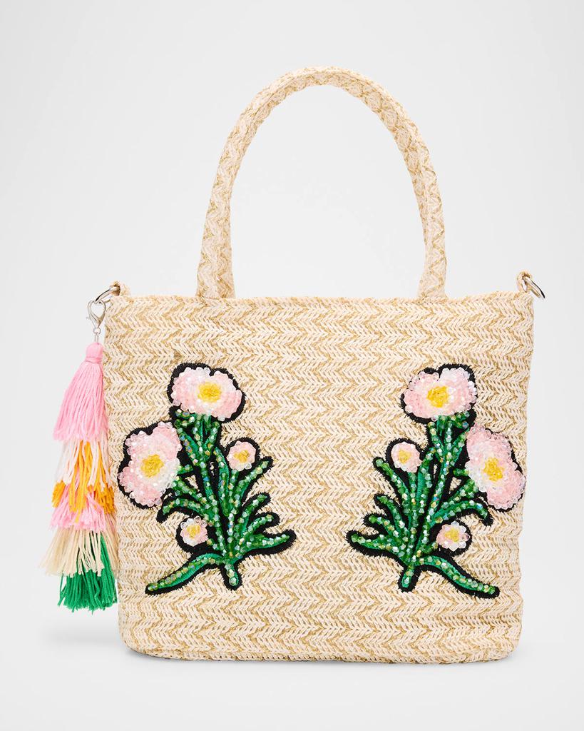 Bari Lynn Kid's Floral Embroidered Raffia Tote Bag with Tassel