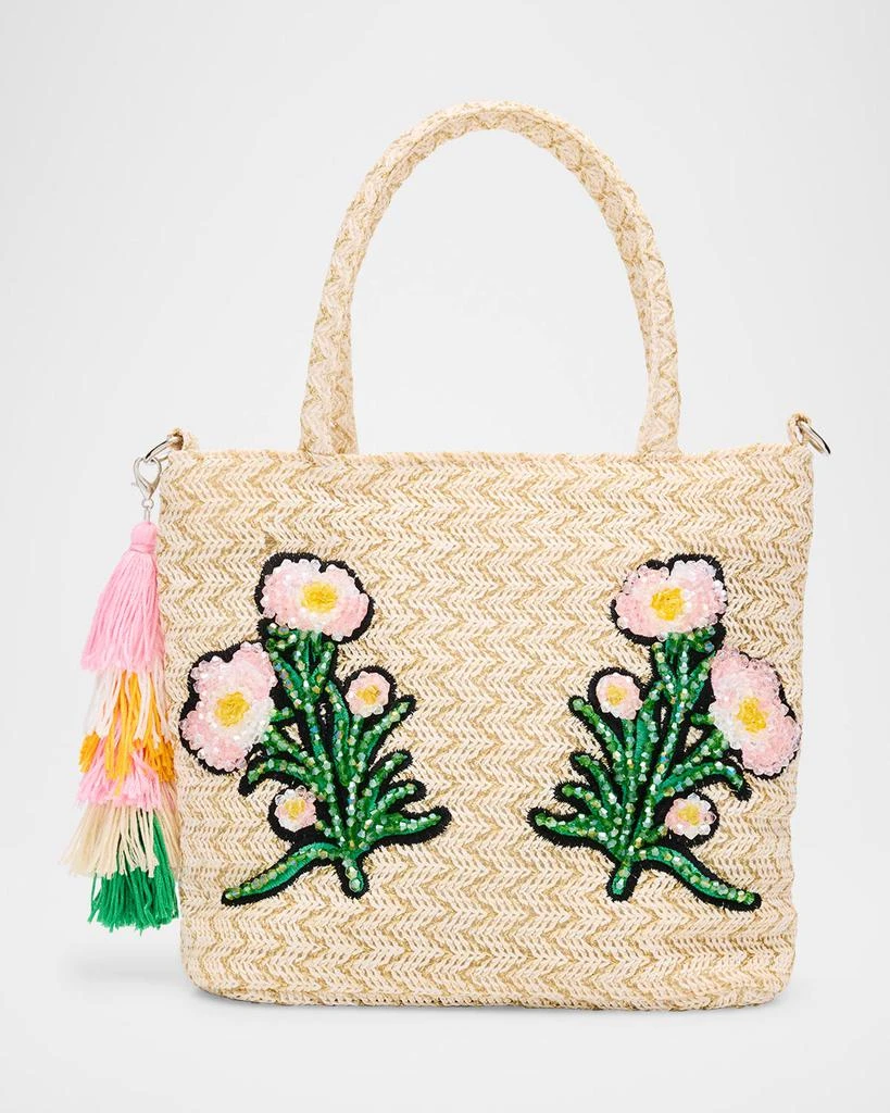 Bari Lynn Kid's Floral Embroidered Raffia Tote Bag with Tassel 1