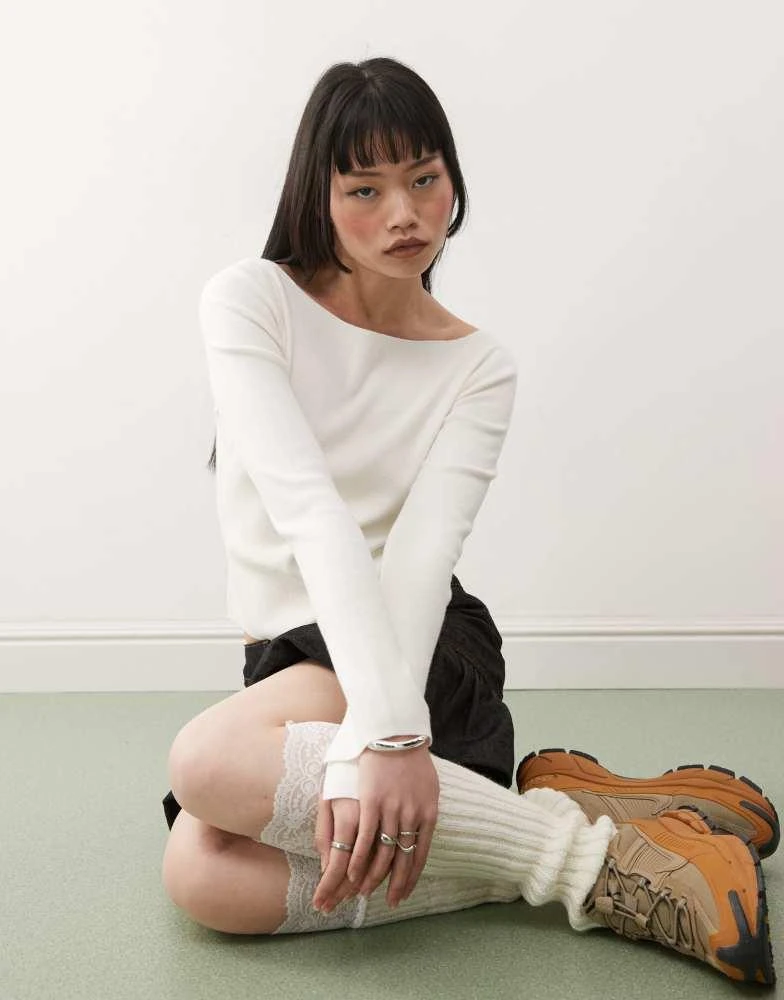 COLLUSION COLLUSION ribbed slash neck fine gauge jumper in ecru 1