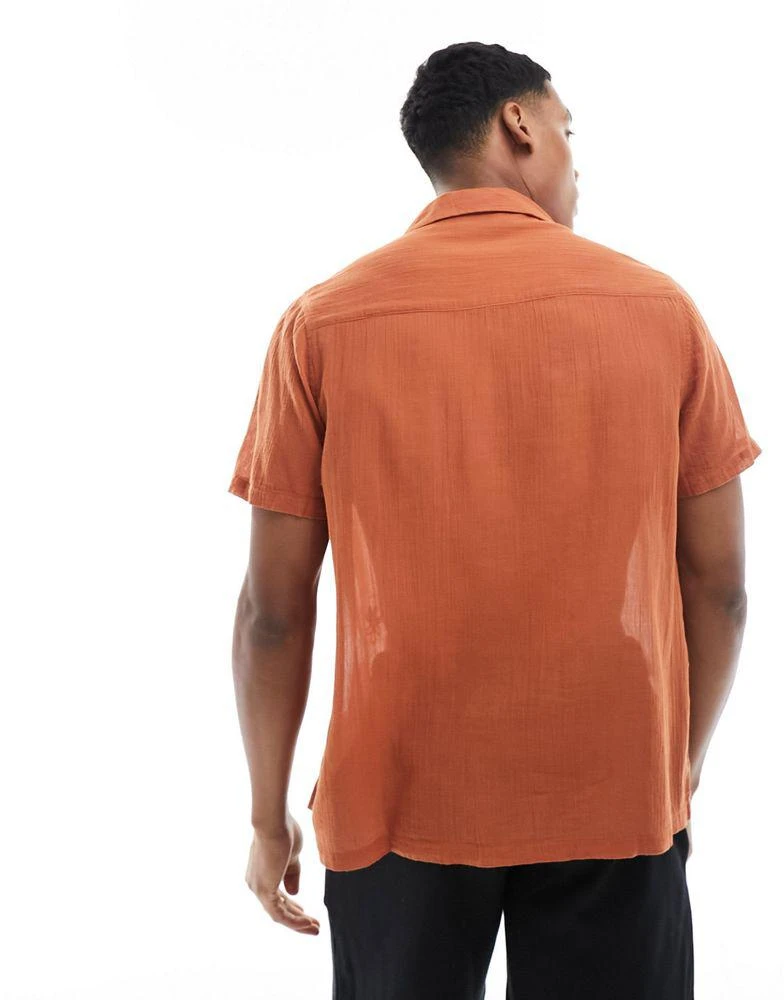 ASOS ASOS DESIGN short sleeve relaxed revere shirt with embroidery in rust brown 4