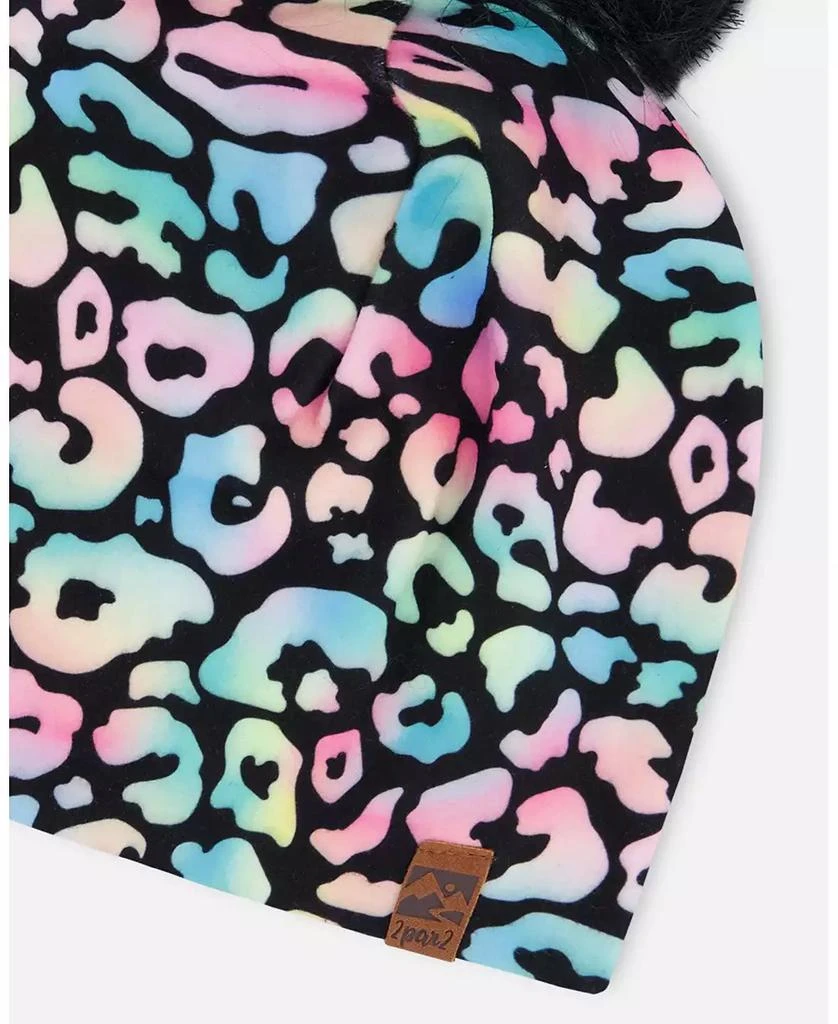 Deux par Deux Baby Girls Stretch Jersey Hat Black Animal Print with Pompom 4