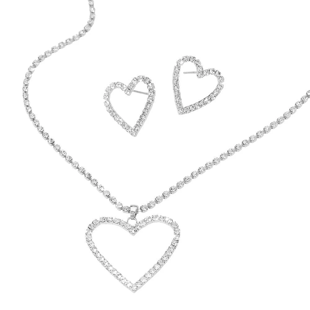 FASHNZFAB Silver Dipped Rhinestone Pave Open Heart Pendant Necklace 2