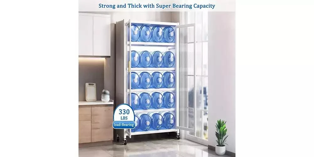 Flynama 65inch Kitchen Pantry Storage Cabinet 6 Tier Metal Display Cabinet with Transparent Door Adjustable Shelves Wheels White 4