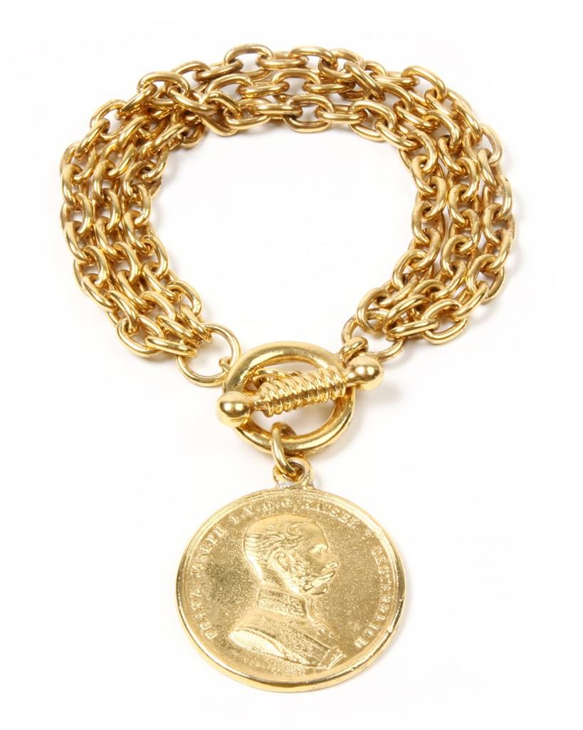 BEN-AMUN Gold Triple-Row Chain Bracelet w/ Coin Pendant