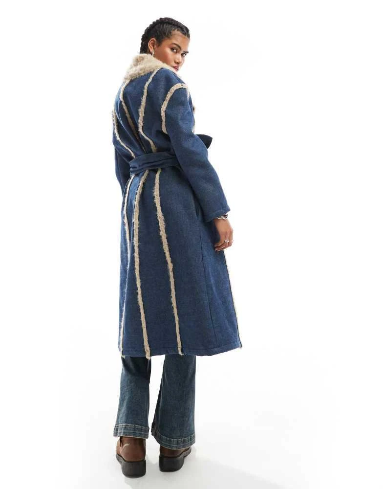 Daisy Street Daisy Street denim trench coat with frayed edges and faux fur trim 4