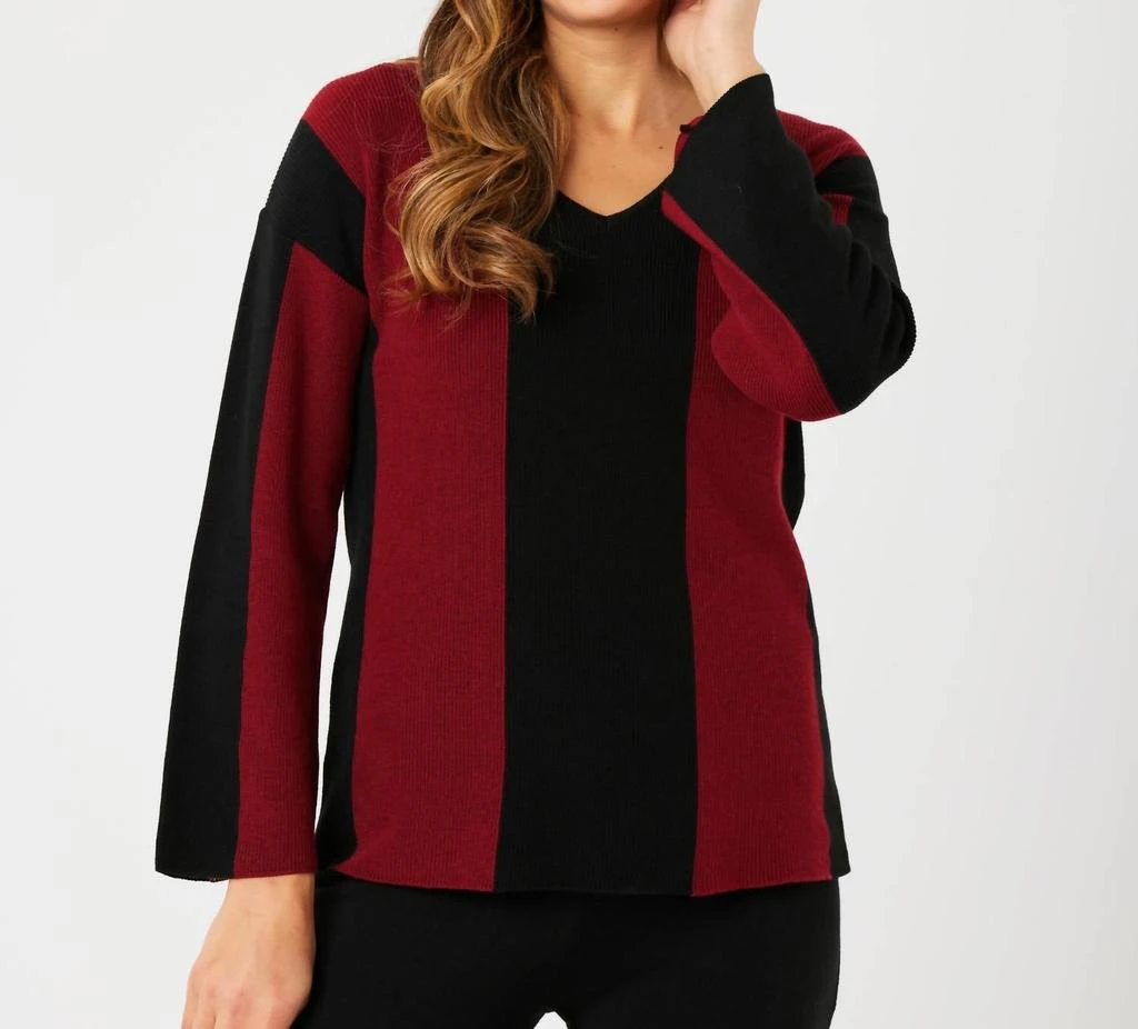 Angel Apparel V-Neck Ribbed Sweater In Black/wine 1