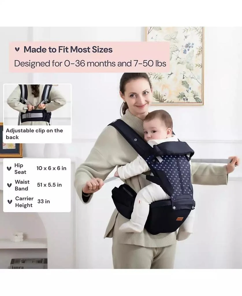 BabbleRoo Kids 6-in-1 Carrier with Hip Seat and Lumbar Support, Ergonomic
Adjustable for Newborn to with Sunshade, Navy Hearts 6