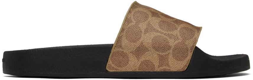 Coach 1941 Black & Tan Signature Coated Canvas Pool Slides