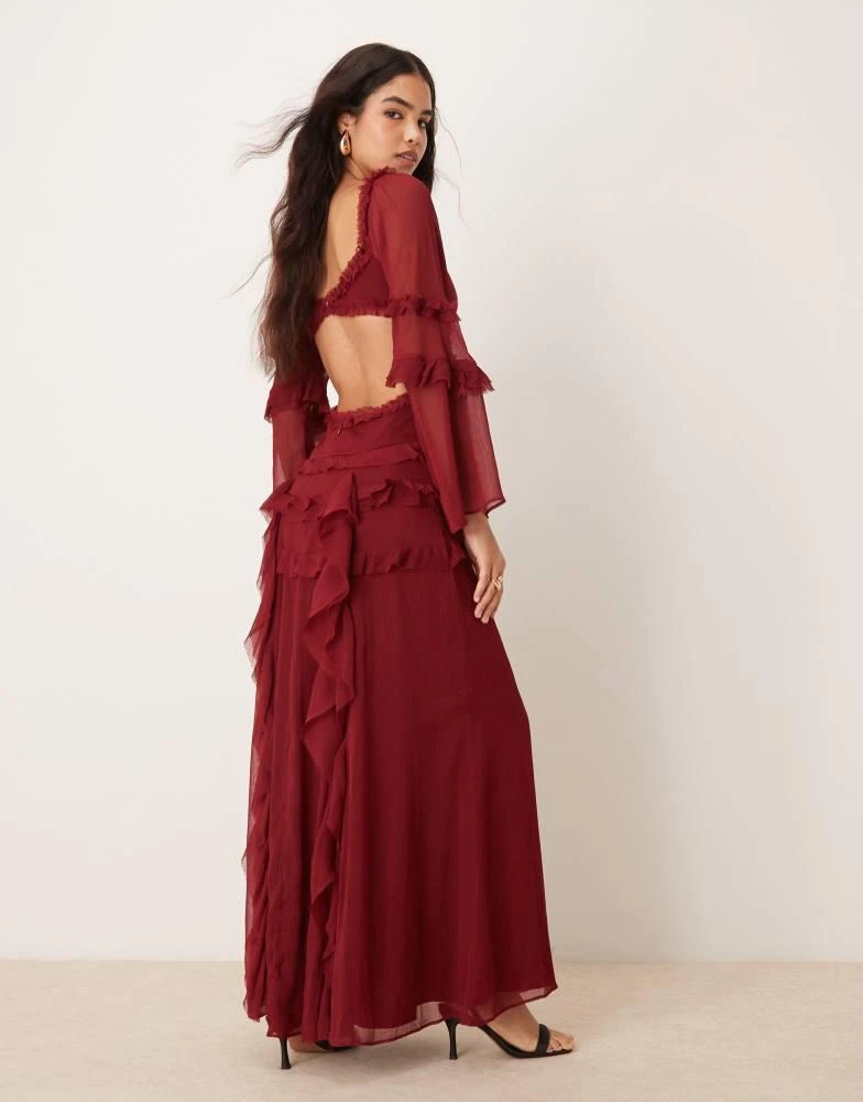 ASOS ASOS DESIGN ruffle v neck long sleeve maxi dress in burgundy 3