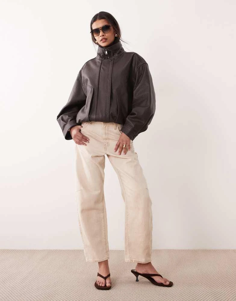 Mango Mango Capsule 100% leather funnel neck jacket in chocolate 2