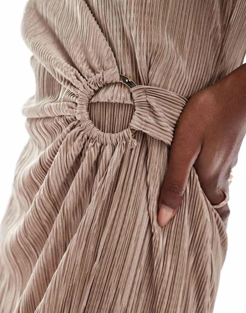 AX Paris AX Paris plisse short sleeve wrap midi dress with ring detail in taupe 3