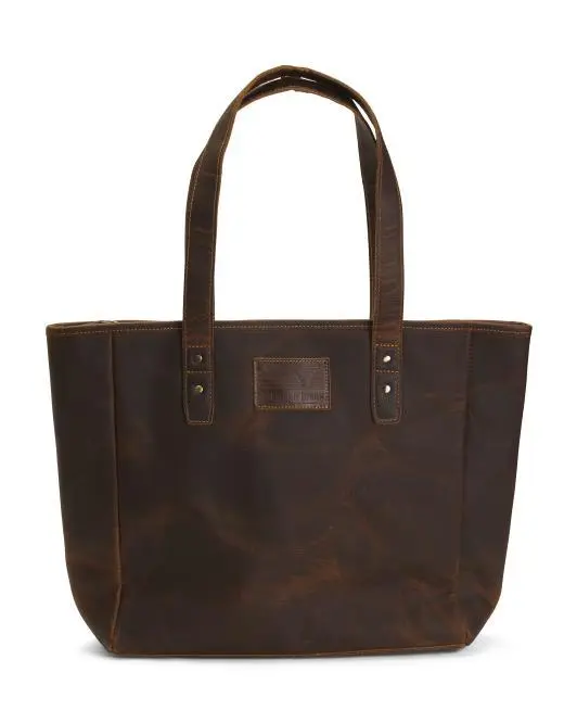 AMERICAN BISON Unisex Leather Zip Top Tote Bag With Flag Patch
