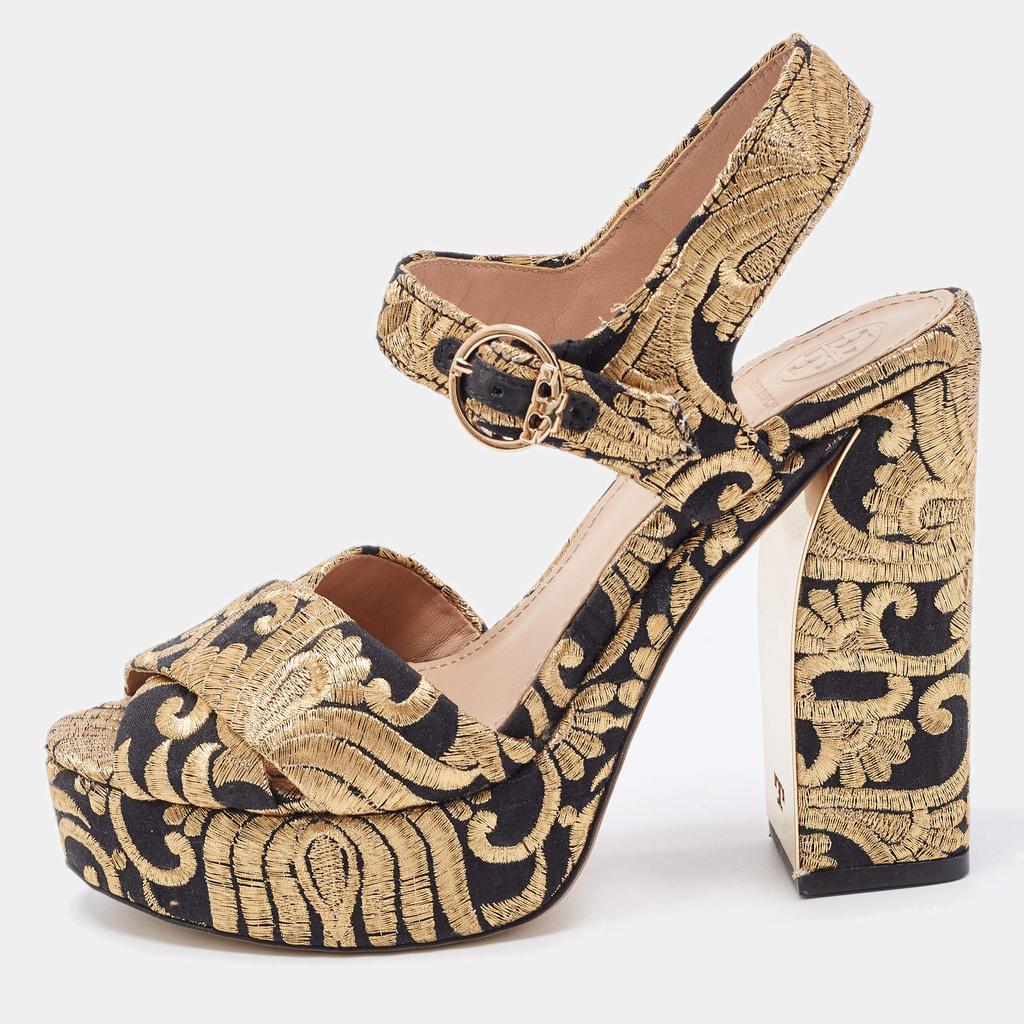 Tory Burch Tory Burch Gold/Black Brocade Fabric Loretta Sandals Size 36