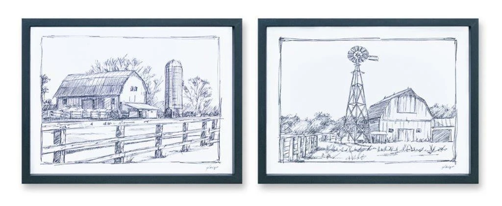 Melrose International Framed Sketch Art Barn Print (Set of 2) - Black, White