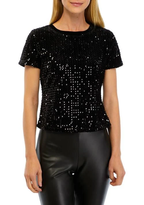Carmen Marc Valvo Marc Valvo Womens Short Sleeve Sequin Velvet T Shirt 1