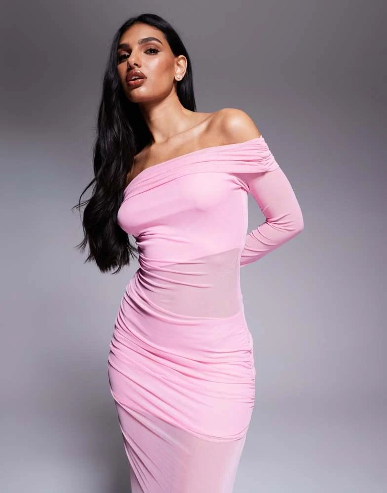 Missyempire Missyempire foldover bardot mesh insert sheer hem maxi dress in pink 2