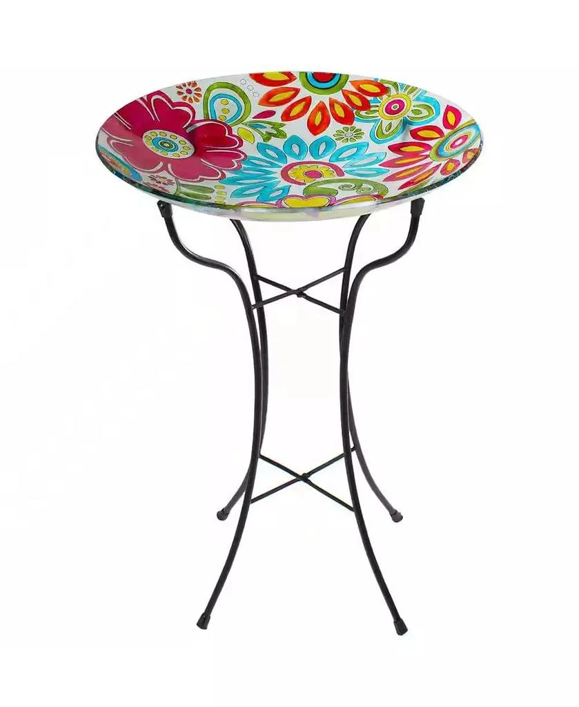 Slickblue Painted Glass Outdoor Bird Bath with Stand for Garden Decoration