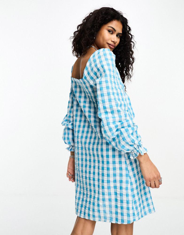 ONLY Only bow detail smock mini dress in blue gingham