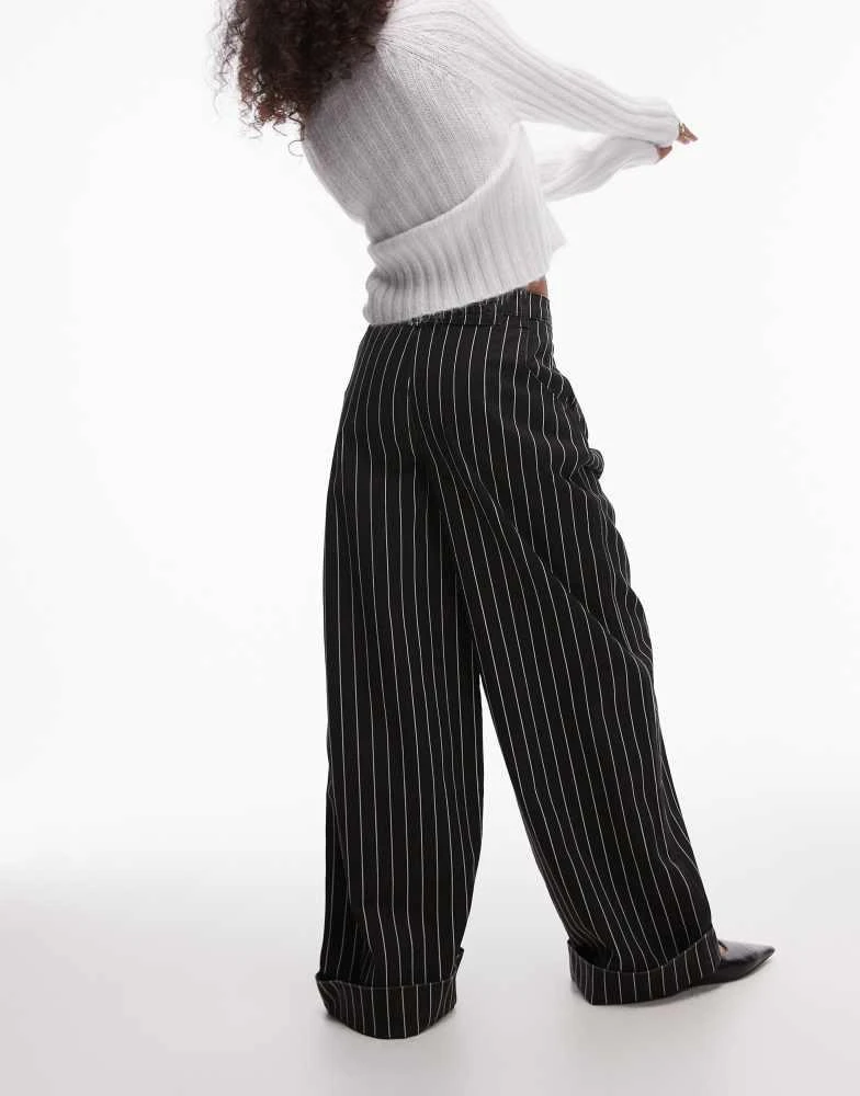 Topshop Topshop stripe wide leg turn back hem trouser in black 4