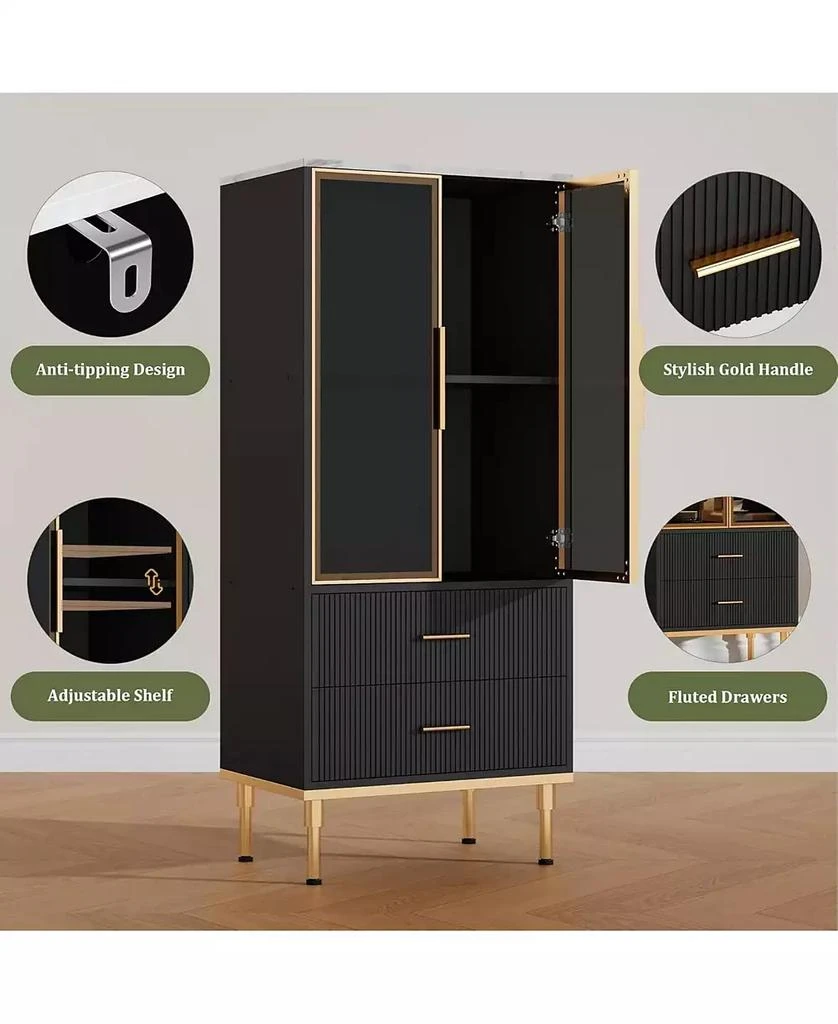 gaomon Fluted Glass Door Storage Cabinet w/Adjustable Shelves
2 Drawers |Black Contemporary Display Unit for Kitchen Pantry or Living Room Storage 3