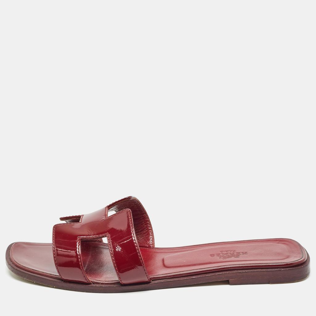 Hermes Hermes Burgundy Patent Oran Flat Slides Size 37.5