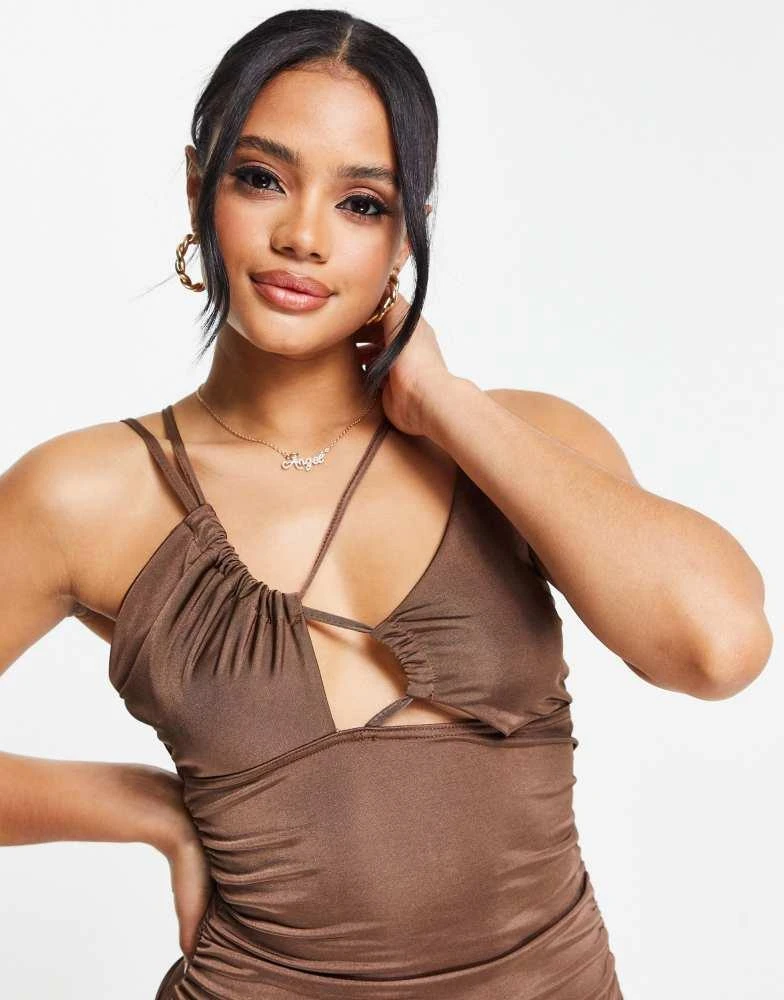 missguided ruched midi dress MISSGUIDED Women Faux Leather Midi Dress Ruched Sleeveless Body Con Form Fitting Fall Winter Party Club Wear Elegant Sophisticated Dark Wine Red