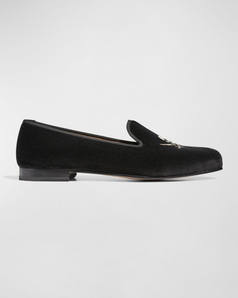 Stubbs and Wootton Men's Jolly Roger Skull Embroidered Velvet Smoking Slippers
