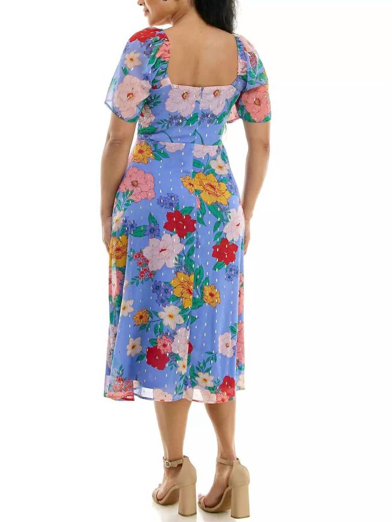 Nina Leonard Floral Sweetheart Neck Midi Dress