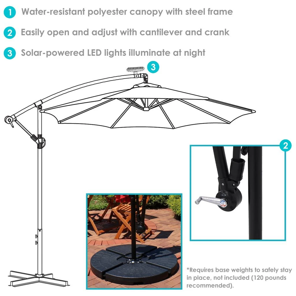 Sunnydaze Outdoor Steel Cantilever Offset Patio Umbrella with Solar LED Lights, Air Vent, Crank, and Base - 9' 2