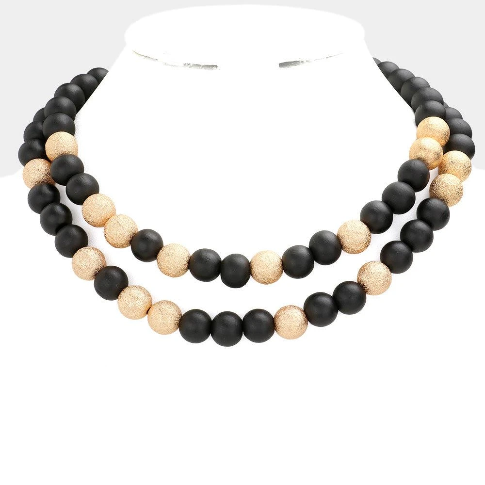 FASHNZFAB Brass Metal Wood Ball Double Layered Necklace