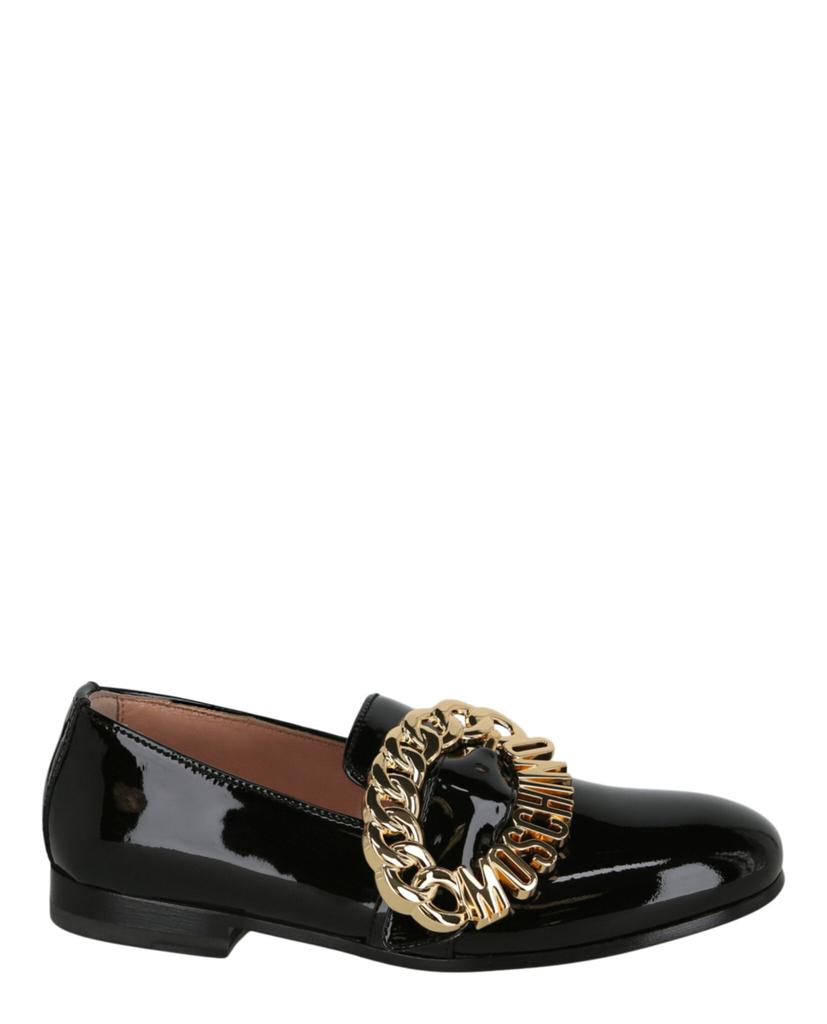 【関税込み】Moschino ブラック Belted Up ローファー Moschino Leather Loafers with Gold Logo | RUSE