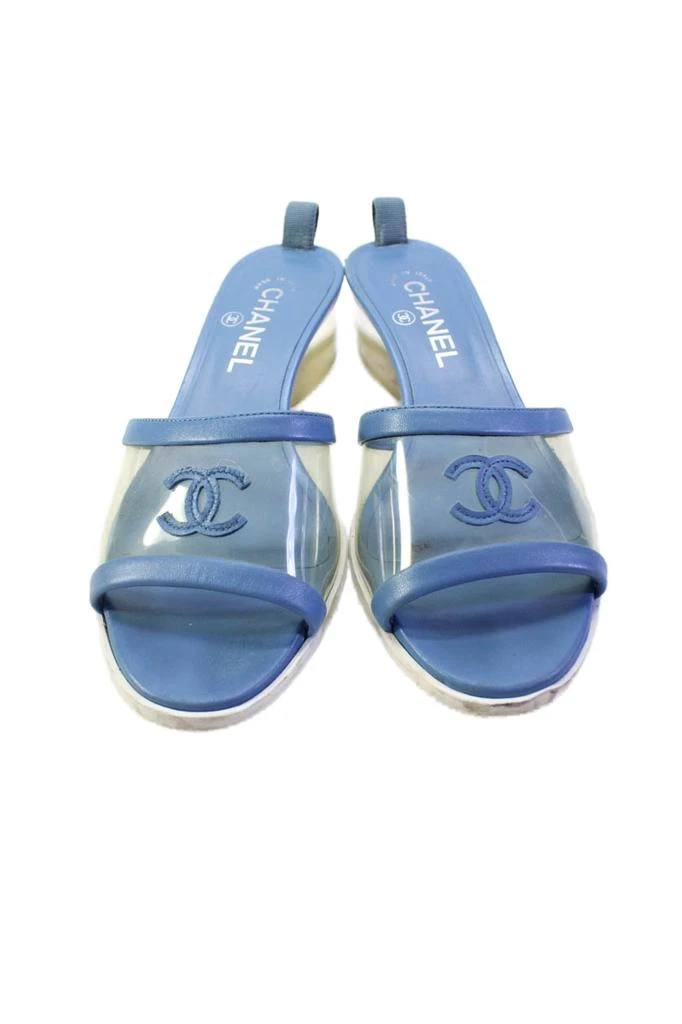 Chanel Womens Leather Peep Toe PVC Logo Sandals Blue 2