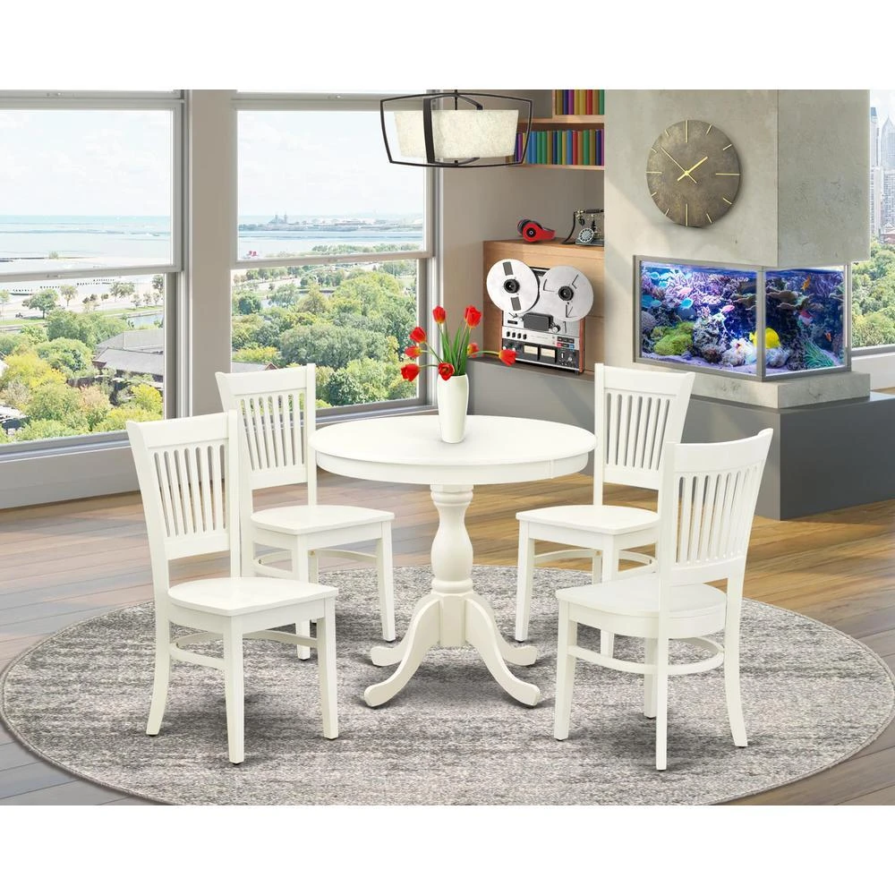 East West Furniture AMVA5-LWH-W - 5-Pc Dinette Set- 4 dining room chairs and Modern dining room table - Wooden Seat and Slatted Chair Back (Linen White Finish)